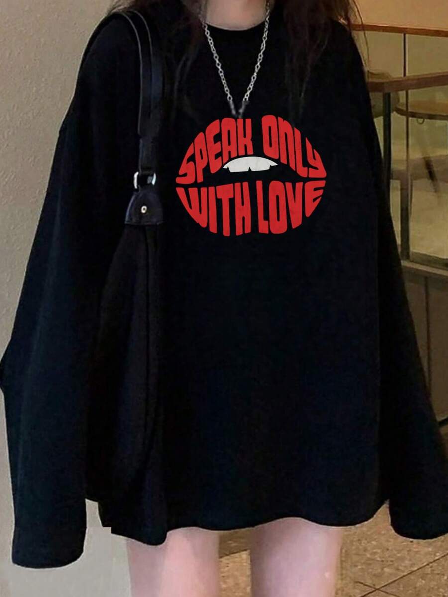 女式字母印花黑色圆领长袖 T 恤，宽松休闲打底衫，秋季 - 黑色 - 查看 1