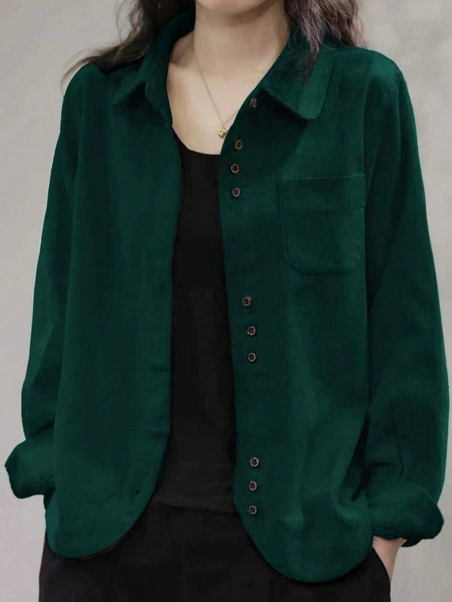 女士灯芯绒纽扣衬衫宽松休闲长袖时尚开衫外套 2025 秋季超大款衬衫上衣带口袋春季 - 墨綠色 - 查看 1