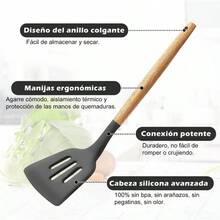 Utensilios de Cocina de Silicona, Juego de Utensilios de Silicon con Mangas Antiadherentes, Resistentes al Calor, sin BPA, Herramientas y Paletas para Cocina Negro, 12 Pcs - 12 piezas + gris - Ver 5
