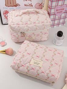 1Pc/Set Sweet Pink Striped Bowknot Pattern Wash And Cosmetic Bag Set,Portable Large Capacity Travel Organizer Toiletry Bag Makeup Bag Skincare Bag - Multicolor - View 5