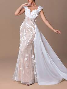 女士奢华不对称领口喇叭形礼服，搭配飘逸雪纺披肩和精致珠绣，修身晚礼服，搭配幻觉网眼紧身胸衣和美人鱼尾下摆，是婚礼派对、慈善舞会、庆典活动、周年庆典的优雅正式服装 - 白色 - 查看 1