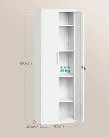 Filing Cabinet Multipurpose Cabinet Storage Cabinet 5 Tier 40x60x180cm Double Doors Lock Tool Adjustable Shelves Garage Office Living Room - Mattweiß - Übersicht 4