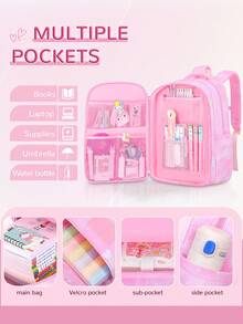 1 pezzo Zaino con stampa di principessa cartoni animati e ciondolo a forma di cuore in peluche, design apertura a 180°, chiusura con cerniera, multi-tasche, adatto per scuola, lavoro, viaggio, sport, pendolarismo, uso quotidiano, grande capacità, pieghevole, ottimo regalo