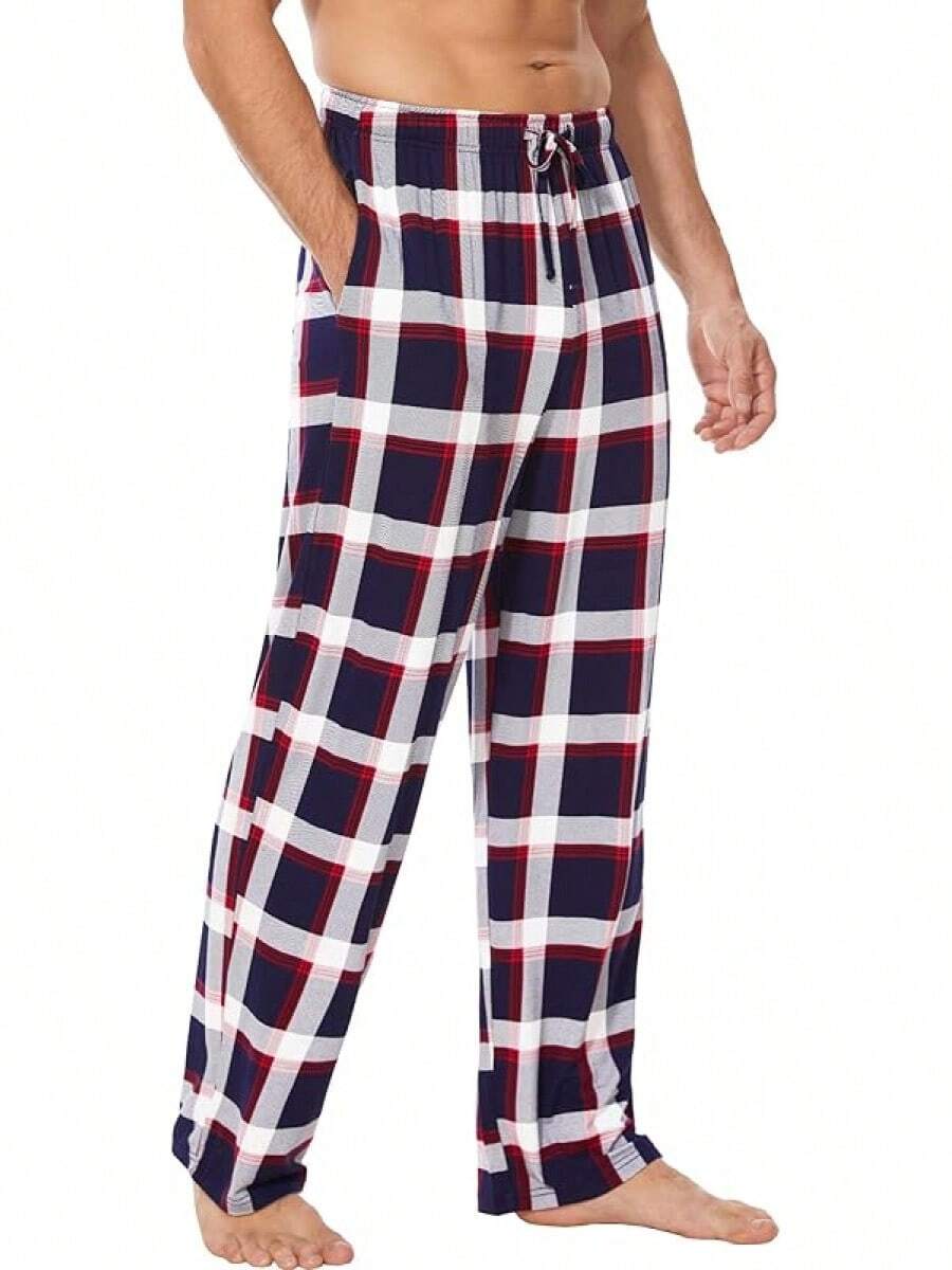 Mens Pajama Pants - Viscose Made From Bamboo, Soft Sleep Pants Comfy Drawstring Lounge Bottom With Pockets Sweatpantshalloween - Navy & Red Plaid - View 1