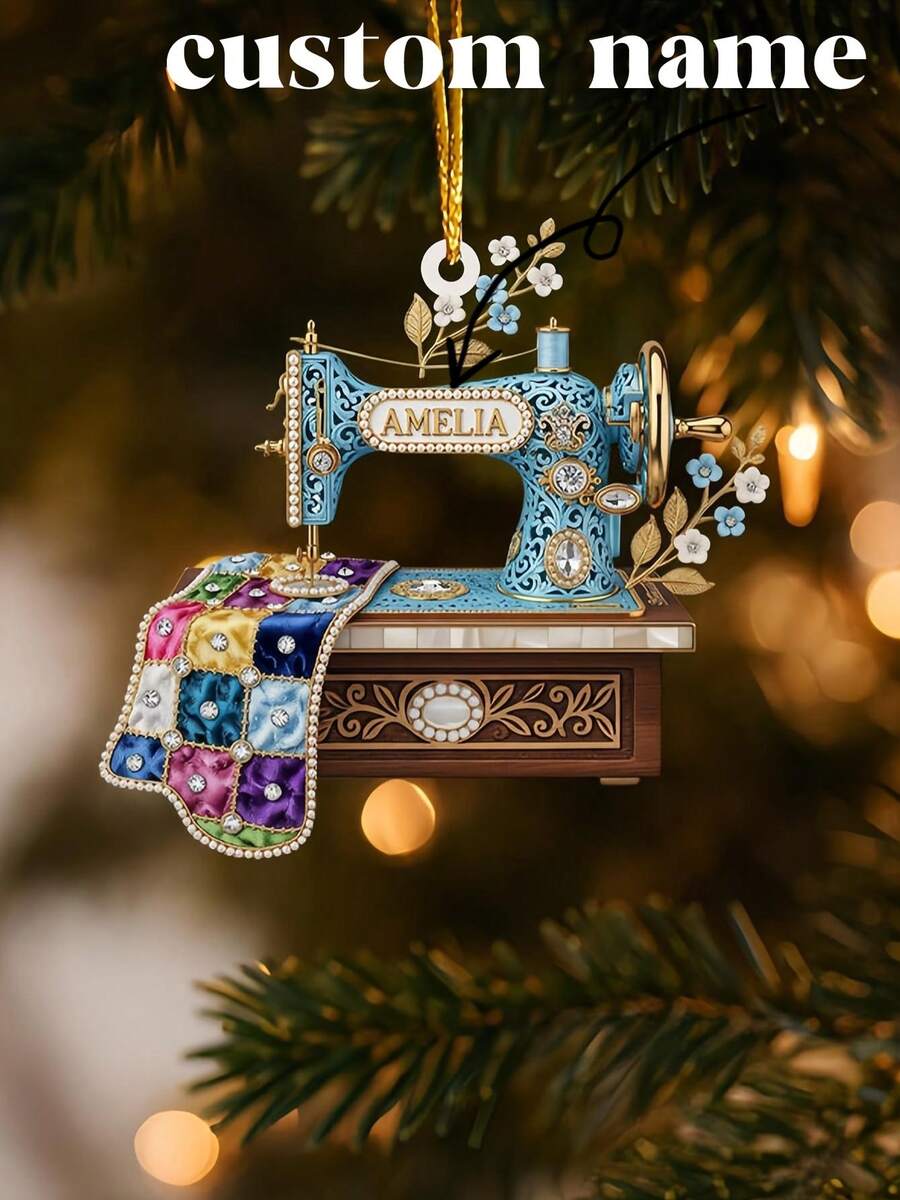 个性化缝纫机装饰品，定制拼布圣诞装饰品，缝纫师礼物，拼布工作室装饰品，手工爱好圣诞礼物，圣诞礼品用品 - 彩色 - 查看 1