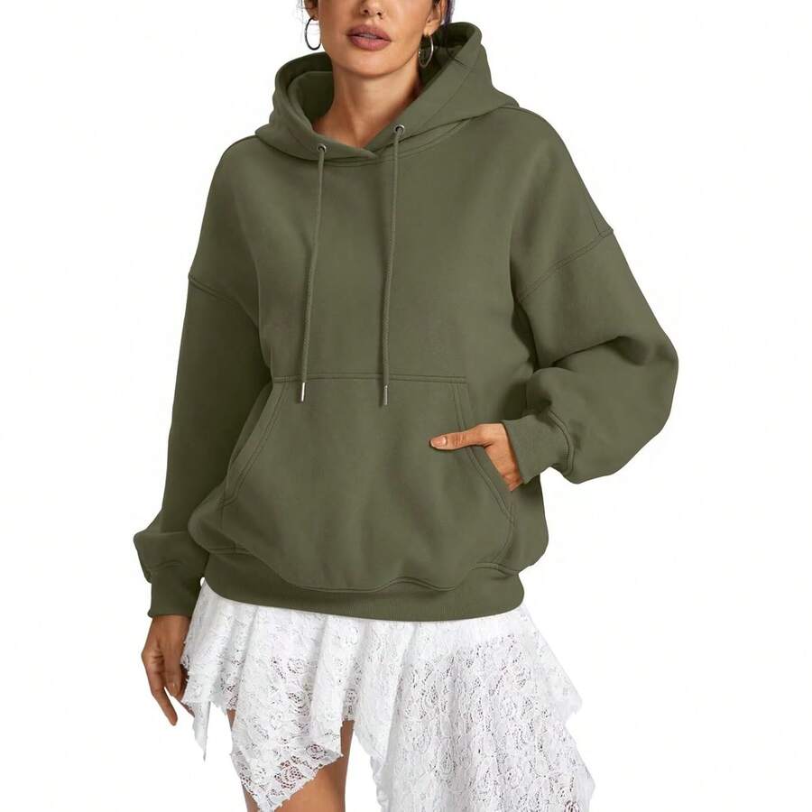 Women Fleece Hoodies With Pocket Oversized Hooded Sweatshirts  Pullover Long Sleeve Top Fall Outfits - Army Green - View 1