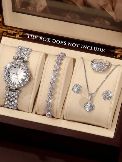 6 قطع مجموعة ساعات نسائية كوارتز، تشمل سوار وقلادة وخاتم وأقراط، قرص دائري، تصميم شخصي بدون مقياس، حزام بحجم ثابت، مناسبة كهدايا للمناسبات والاستخدام اليومي، بدون علبة هدايا