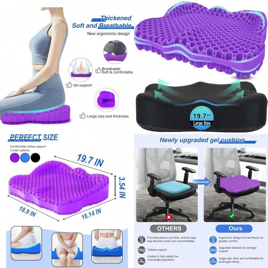 Thicken 19.7in Seat Cushion Gel Seat Cushion For Long Sitting Office Chair Wheelchair Car Pad Large Cooling Support Pad For Back Pain Sciatica Tailbone Pain Relief - 紫色-l+XX-加大尺寸(19.7*16.1*3.5吋) - 查看 1