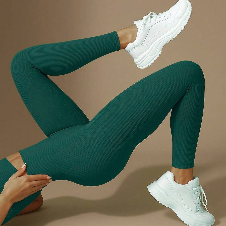 Thick Ribbed Seamless Leggings, Women's Gym Leggings - Green - View 1