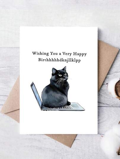 1pc, Whimsical Cat On Laptop Birthday Card, Premium Paper Greeting Card With Envelope, Humorous Wishes For Family, Friends, Son, Daughter, Girlfriend, Classmate, All Occasions