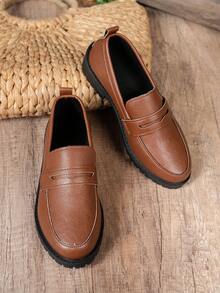 Sepatu Loafer Wanita Cokelat Serbaguna, Sepatu Flat Slip-On Ujung Bulat Kulit PU Lembut Musim Semi/Gugur Terbaru, Ukuran Besar, Sepatu Kasual Gaya Inggris untuk Kerja/Perjalanan - Coklat - View 5