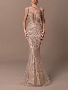 女士奢华单肩鱼尾晚礼服 - 珍珠链肩带，全亮片和珠饰 - 非常适合婚礼、晚会、红毯活动和高端派对