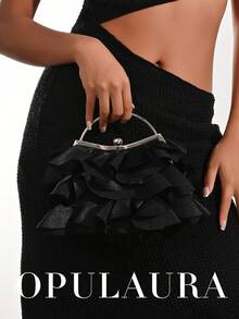 OpulAura 女士优雅迷人花瓣宴会手拿包，荷叶边设计正式晚宴包，适合婚礼/度假/正式派对/晚会，配有链条肩带，花瓣形状随机 - 黑色 - 查看 8