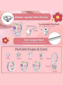 16 件青少年低过敏性耳环，适合敏感耳朵的不锈钢环状耳环，螺丝后耳环，可爱的幼儿耳环，青少年珠宝耳环 - 粉色 - 查看 5