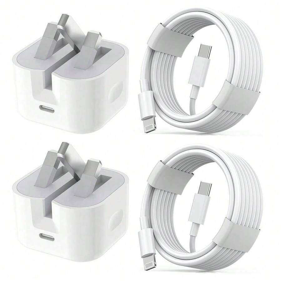 20W PD 折叠插头充电器适配器 + 100厘米高效快充数据线,兼容 14 Pro Max/14 Pro/14 Plus/14/13/12/11/XS/XR/8/7/6、iPad 系列 - 英規插(220-240V) - 查看 1