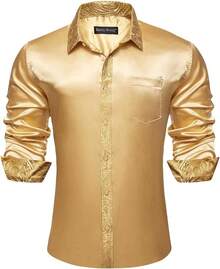 Mens Satin Silk Shirts Long Sleeve Designer Dress Shirt Shiny Untucked Casual Button Down Shirt Party Disco Formalhalloween - B Vàng Satin - Xem 10
