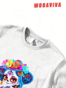 WOOAVIVA Plus Size Spring, Autumn and Winter Y2K Cleanfit Casual Fitted Sugar Skull Floral Print Hoodie Casual Round Neck long Sleeve Women Hoodie, Suitable For Spring, Autumn and Winter seasons, Women Tops - Gris Claro - Ver 3