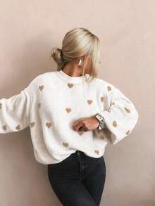 Autumn And Winter Women's Valentine's Day Cute Casual Heart-Patterned Loose-Fit Fashionable Sweater With Round Neck And Long Sleeves, Basic Sweater, Business Casual Women's Clothing, Autumn Top, Autumn Sweater, Women's Winter Clothing, Women's Autumn And Winter Clothing, Autumn Clothing