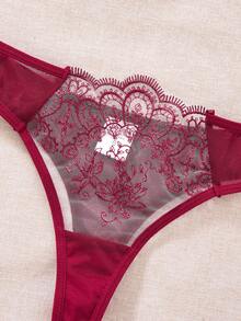 1 Of 2 Pieces Of Women's Christmas Wine Red Sexy Fun Underwear Set, Semi-Transparent Embroidered Ruffle Hem Bra And Triangle Panties Lingerie Set, Christmas Halloween Crazy Night Party Surprise Gift