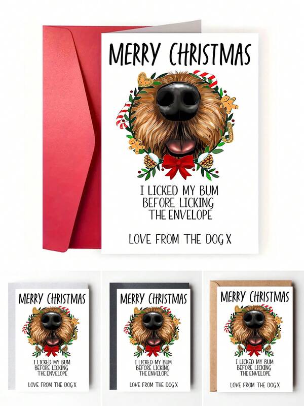 بطاقة تهنئة عيد الميلاد المجيد بموضوع كلب مضحك مع مغلف - رسالة "عيد ميلاد مجيد ، لعقت مؤخرتي قبل الفتح" - مثالية للأشقاء والأصدقاء ومحبي الكلاب