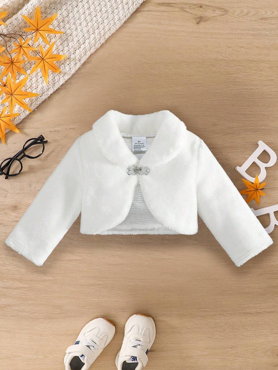 Girls' Fashion Warm Outerwear, Toddler Girls' Fluffy Vest With Rhinestone Collar, Outdoor Stylish & Elegant Dress For Girls, Simple & Versatile White Princess Style With Rhinestone Decor, Exquisite Children Clothing