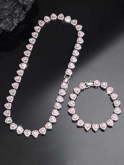 2pcs/Set Eye-Catching Light Pink Heart Shaped Cuban Chains Necklace & Bracelet Set For Men & Women,Hip Hop Style,Luxurious Jewelry Set For Valentine's Day Gifts, Birthday ,Christmas Day