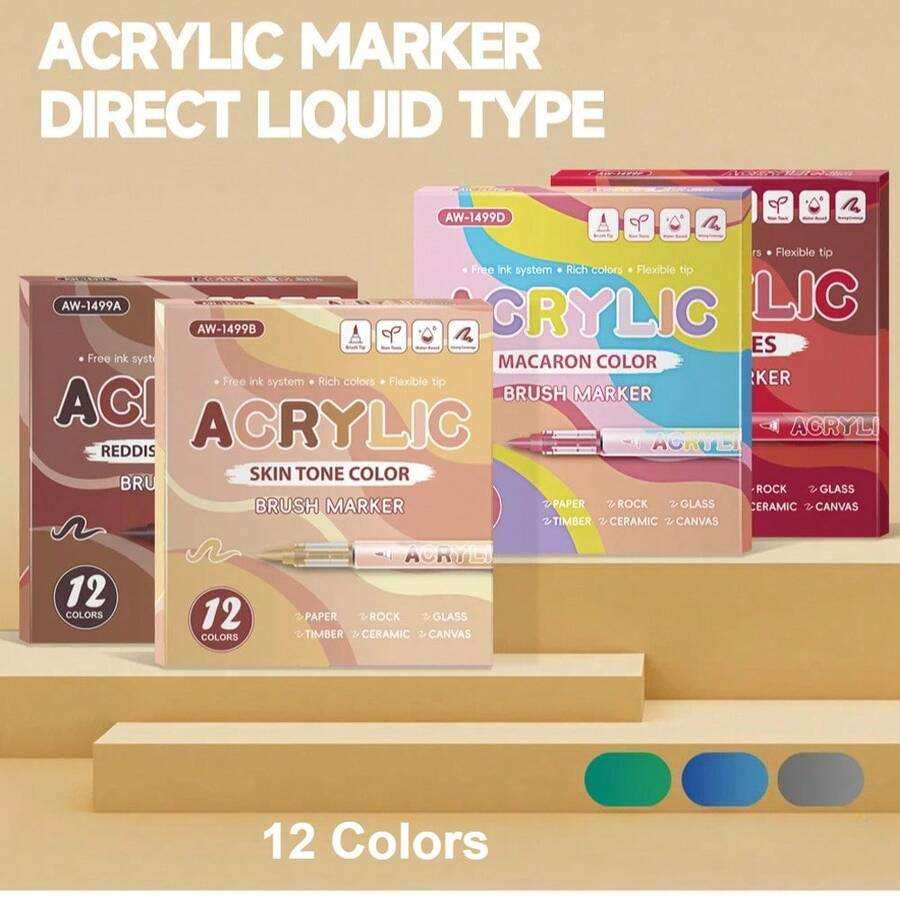 12 Colors Acrylic Markers Soft Brush Tip Professional Color Series For Halloween Painting Drawing Egg Stone Cup Art Supplies. - one-size - View 1