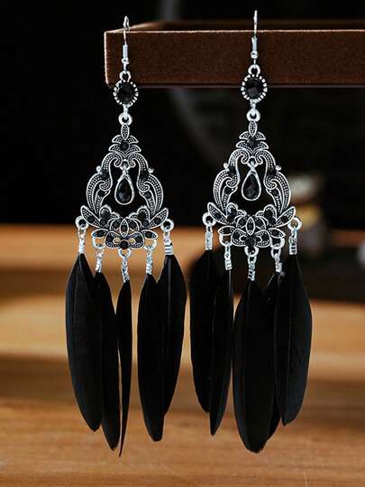 1 Pair Bohemian Fully Rhinestone Decorated Long Natural Feather Drop Earrings, Runway Fashion, Ideal Gift For Friends