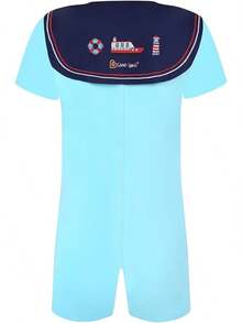 Men's Cotton  Sailor Collar Bodysuit Short Sleeve Print Romper Pajama - Captainhalloween - 淺藍色 - 查看 11