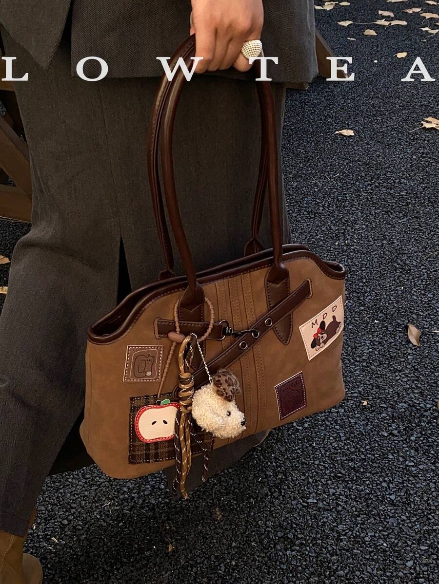 low tea 1 件纯色绒面革女士单肩包，复古时尚休闲单肩包，双手柄和拉链开合，适合日常外出、约会、通勤，配有吊坠