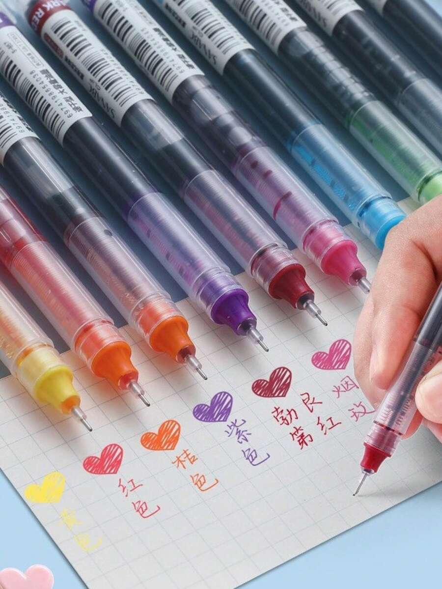 12pcs Colorful Liquid Ink Rollerball Pens, Large Capacity Quick-Drying Ballpoint Pens, 0.5mm Fine Point Pens For Students, Exams, And Note-Taking - Multicolor - View 1