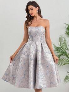 Váy cocktail midi hở lưng bằng vải satin không tay thanh lịch dành cho nữ với họa tiết hoa, váy dạ hội hở lưng có túi - Màu xanh nhạt - Xem 3