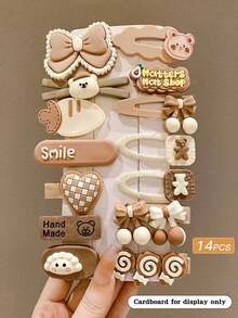 14 piezas de pinzas para el cabello con diseño de dibujos animados de color café con leche para flequillos, útiles escolares y accesorios para el cabello de mujeres - Multicolor 4 - Ver 1