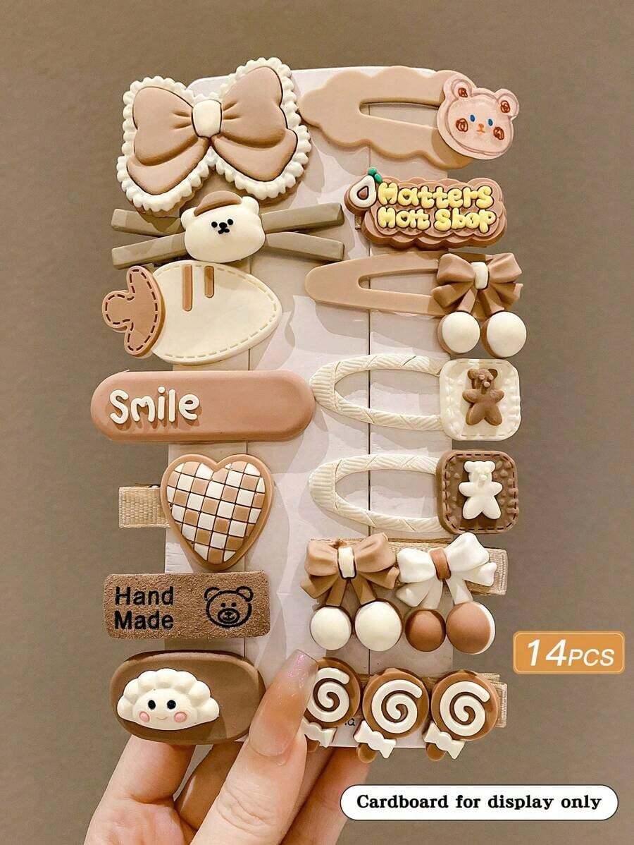 14 piezas de pinzas para el cabello con diseño de dibujos animados de color café con leche para flequillos, útiles escolares y accesorios para el cabello de mujeres - Multicolor 4 - Ver 1