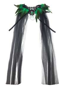 一件哥特式圣诞/新年派对羽毛黑色面纱斗篷缎面斗篷，羽毛披风斗篷配黑色毛领网纱缎面斗篷及膝长尾舞台表演服装，性感缎面派对套装（不含面具），一款非常个性化的羽毛斗篷，适合搭配女士连衣裙、女王装扮、角色扮演披肩和吊带背心，暗黑风格 - 彩色 - 查看 9