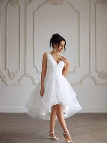 YUMIBRAVO 芭蕾舞风格新娘婚纱，不对称白色婚纱，优雅舞会礼服，前短后长舞会礼服，露背新娘婚纱，白色新娘婚纱，万圣节女装，白色优雅新娘婚纱，婚礼派对礼服 - 白色 - 查看 9