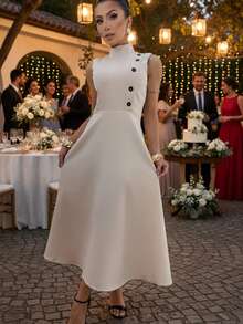 High Neck Midi Dress Flared Dress With Marked Waist Premium Tailoring Elegant With Front Buttons | Women's Fashion 2025 Evangelical Fashion | Sophisticated Look For Party, Work And Casual Chic - 杏色 - 查看 1