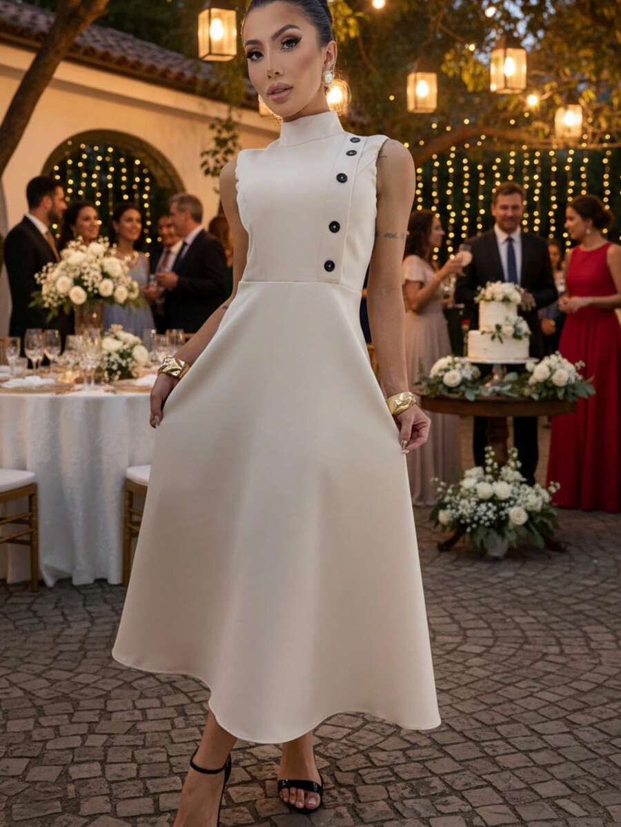 High Neck Midi Dress Flared Dress With Marked Waist Premium Tailoring Elegant With Front Buttons | Women's Fashion 2025 Evangelical Fashion | Sophisticated Look For Party, Work And Casual Chic - 杏色 - 查看 1