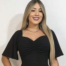 Vestido Midi Elegância com Decote Franzido e Manga Flare - Preto - Visão 3