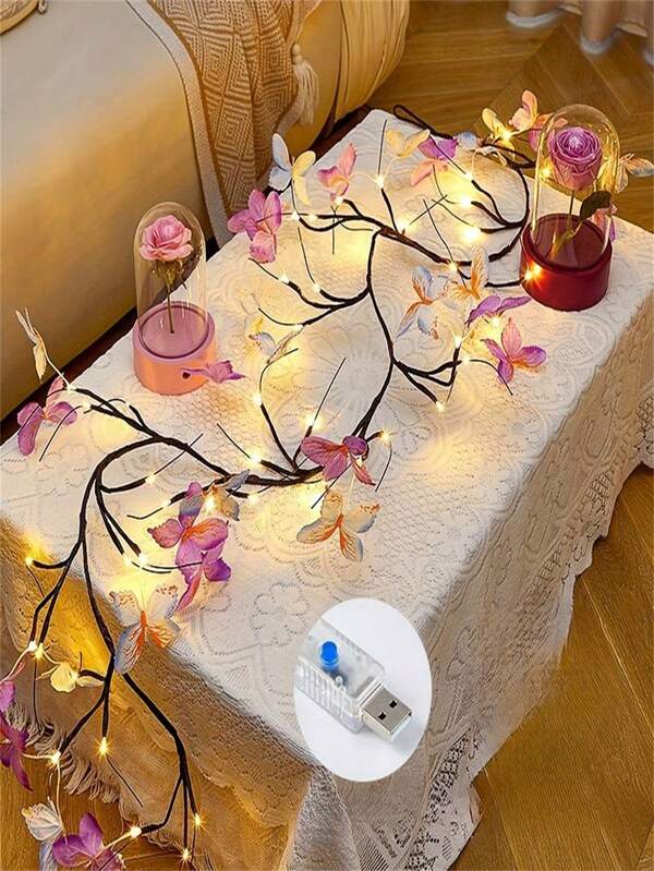 1pc USB Powered LED Butterfly Branch Lights With 8 Modes, Decorative Wall Lamps, Night Lights, For Outdoor, Backyard, Lawn, Fence, Walkway, Flower Beds Decoration, Festive Decorations- No Battery Needed