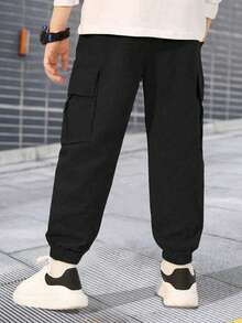 3 piezas Pantalones cargo casuales, deportivos y con estilo de múltiples bolsillos con cordón para niños preadolescentes, adecuados para primavera, verano, otoño e invierno