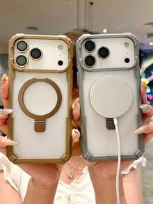 1 pezzo Nuova custodia protettiva per telefono con finitura opaca, supporto circolare pieghevole anti-caduta magnetico ai quattro angoli, compatibile con ricarica senza fili, adatta per iPhone 11/12/13/14/15/16/17 Pro Max