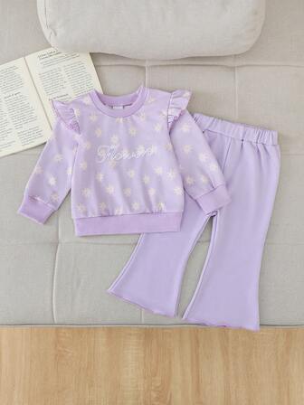 2pcs Girls Autumn/Winter Set, Floral & Letter Embroidery Print Long Sleeve Sweatshirt And Flared Leg Pants, Suitable For Casual Daily And Outdoor Wear