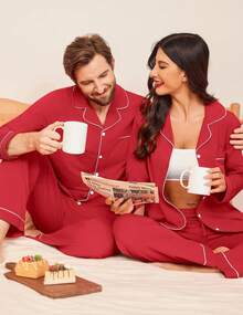 Couple Matching Pajamas 100% Cotton Long Sleeve Sleepwear Button Down Loungewear Pjs Set S-XXLhalloween - Black - View 9