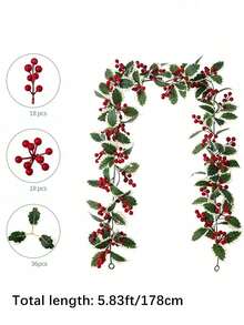 Eucalyptus Garland, Green Leaves Wreath Vines Garlands Decorations, Artificial Red Berry Garland For Fireplace Gate Mantle Table Home Party Decor