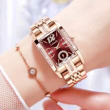 Reloj de pulsera de cuarzo para mujer con correa de acero inoxidable roja y esfera cuadrada, detalles brillantes. Ideal tanto para uso diario como para decoración. LA306 - Edición de día festivo