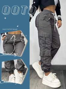 秋季外出时尚Y2K工装宽松裤，万圣节，新款，秋冬工作裤，街头风，多口袋，松紧腰，机场，返校季春季 - 灰色 - 查看 9