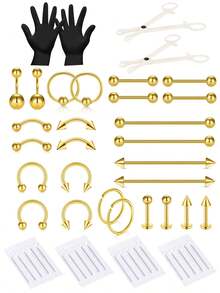 46pcs Body Piercing Kit, 316L Stainless Steel Multi-Purpose Piercing Jewelry & Tools, Suitable For Nose, Tongue, Lip, Ear, Eyebrow, Navel, Cartilage, Tragus, Helix, Conch Piercing, Holiday Gift, Professional Piercing Set, Silver/Gold - Multicolor - View 7