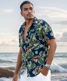 Men's Hawaiian Floral Shirt Short Sleeve Casual Button Down Shirt Summer Holiday Beach Shirt For Menhalloween - 棕藍色離開 - 查看 2