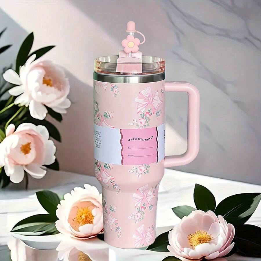 [Premium Tumbler] 40-Ounce Stainless Steel Tumbler With A Handle | Featuring Double-Wall Vacuum Insulation, Premium Multi-Colored Portable Water Bottle | Perfect For Travel, Outdoor Camping, Hiking, Driving, And Enjoying Iced Coffee - 淺粉紅色蝴蝶 - 查看 1